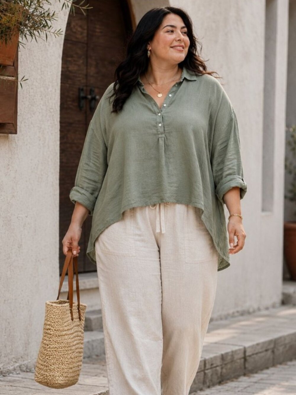 JNY Jones New York Linen Tunic Top Sage Green 3X Lagenlook Coastal
